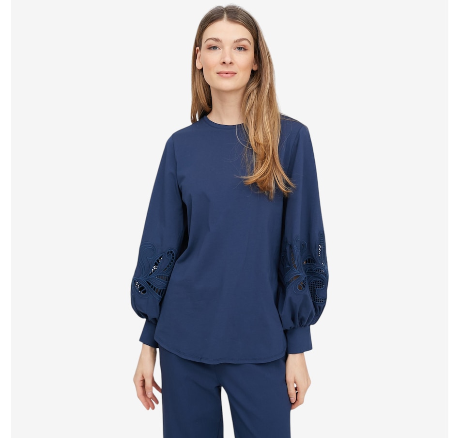 Image 104838_NVY.jpg, Product 104-838 / Price $99.90, Wynne Style Cottoncloud Embroidered Sleeve Top from Wynnelayers on TSC.ca's Fashion department