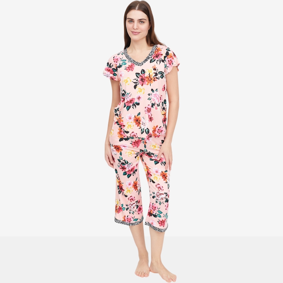 Image 104969_BQTFL.jpg, Product 104-969 / Price $60.00, Cuddl Duds Petite Cool and Airy Print V-Neck and Capri PJ Set from Cuddl Duds on TSC.ca's Fashion department