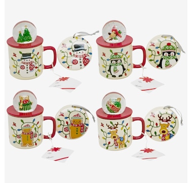 temp-tations Set of 4 18oz Mugs with Lid-It Ornaments and Snow Globe Lids with Gift Box