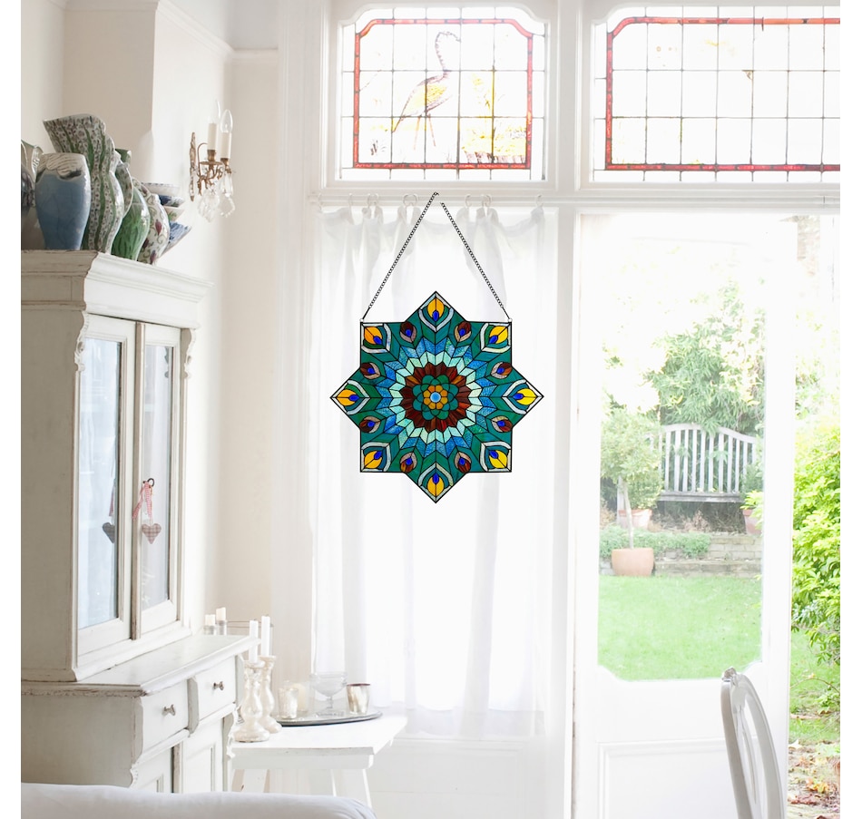 Image 106533_ALTMORE6.jpg, Product 106-533 / Price $309.99, Tiffany-Style Peacock Star Stained-Glass Window Panel (24"H) from Tiffany Style Lighting on TSC.ca's Home & Garden department