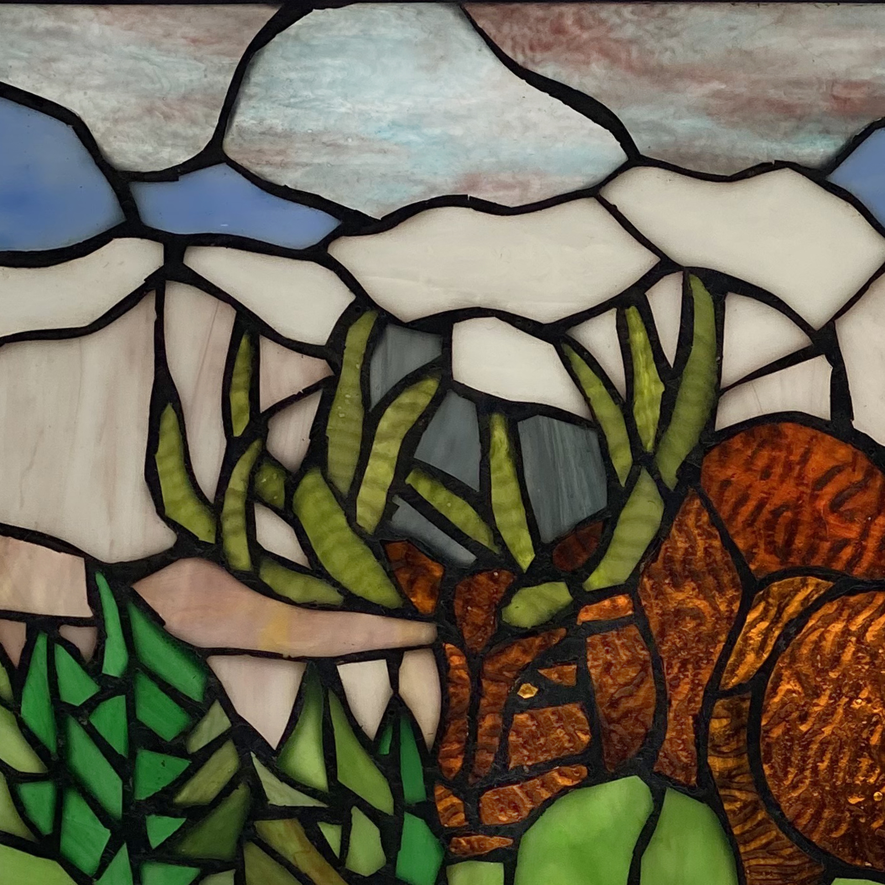 Tiffany-Style Moose in Mountainscape Stained-Glass Window Panel