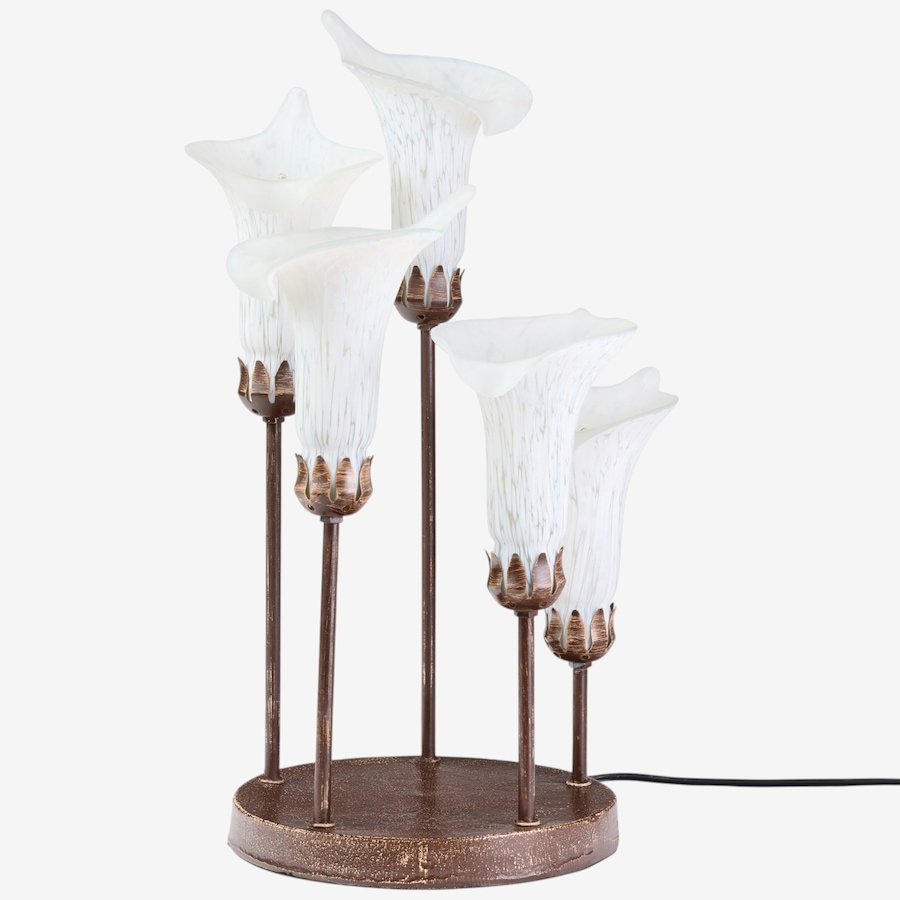 Image 106541_ALTMORE1.jpg, Product 106-541 / Price $199.99, Tiffany-Style Calla Lily Candlestick Table Lamp (19.5"H, bronze base with white glass bell shades) from Tiffany Style Lighting on TSC.ca's Home & Garden department