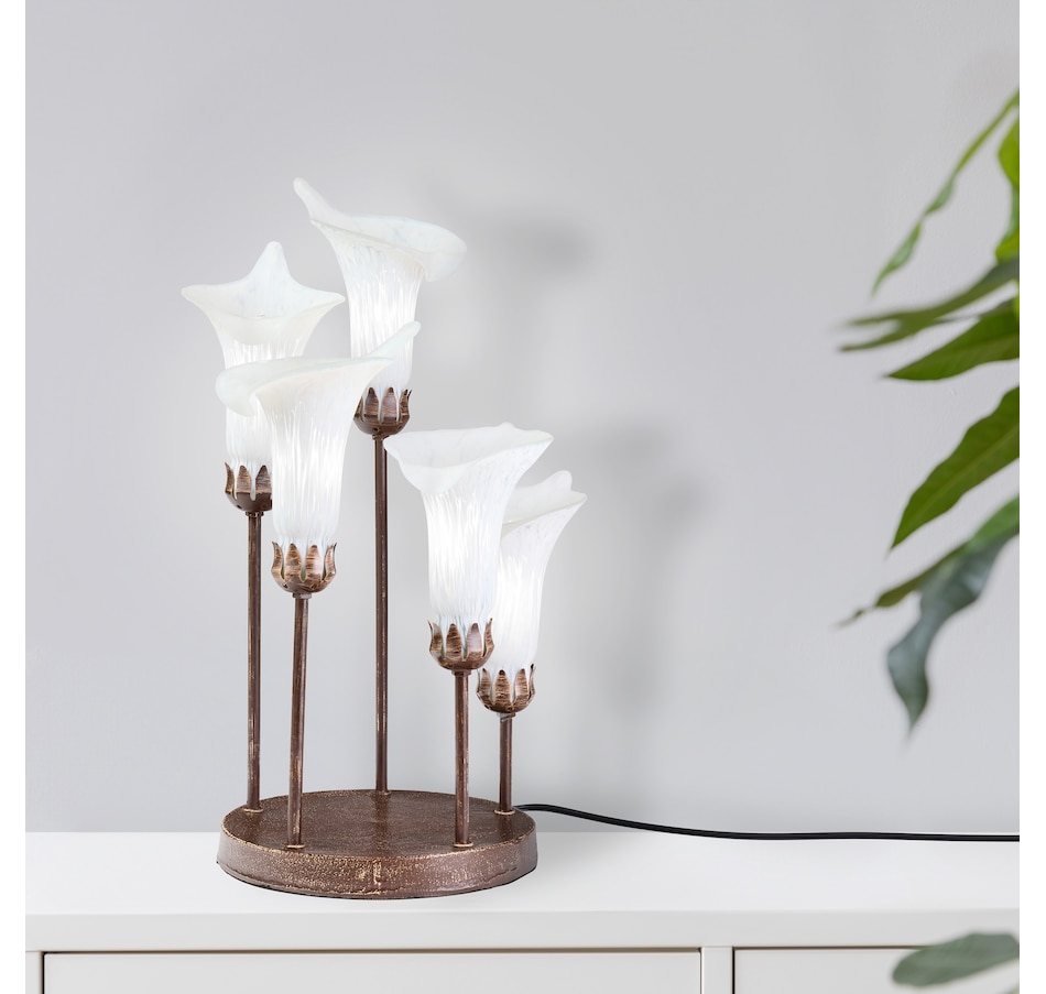 Image 106541_ALTMORE10.jpg, Product 106-541 / Price $199.99, Tiffany-Style Calla Lily Candlestick Table Lamp (19.5"H, bronze base with white glass bell shades) from Tiffany Style Lighting on TSC.ca's Home & Garden department