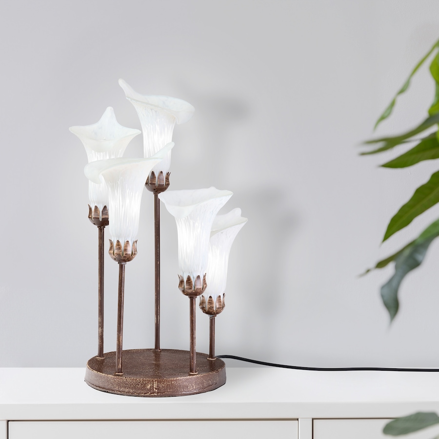 Image 106541_ALTMORE10.jpg, Product 106-541 / Price $199.99, Tiffany-Style Calla Lily Candlestick Table Lamp (19.5"H, bronze base with white glass bell shades) from Tiffany Style Lighting on TSC.ca's Home & Garden department