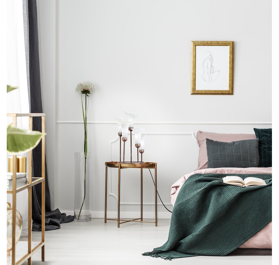 Image 106541_ALTMORE7.jpg, Product 106-541 / Price $199.99, Tiffany-Style Calla Lily Candlestick Table Lamp (19.5"H, bronze base with white glass bell shades) from Tiffany Style Lighting on TSC.ca's Home & Garden department