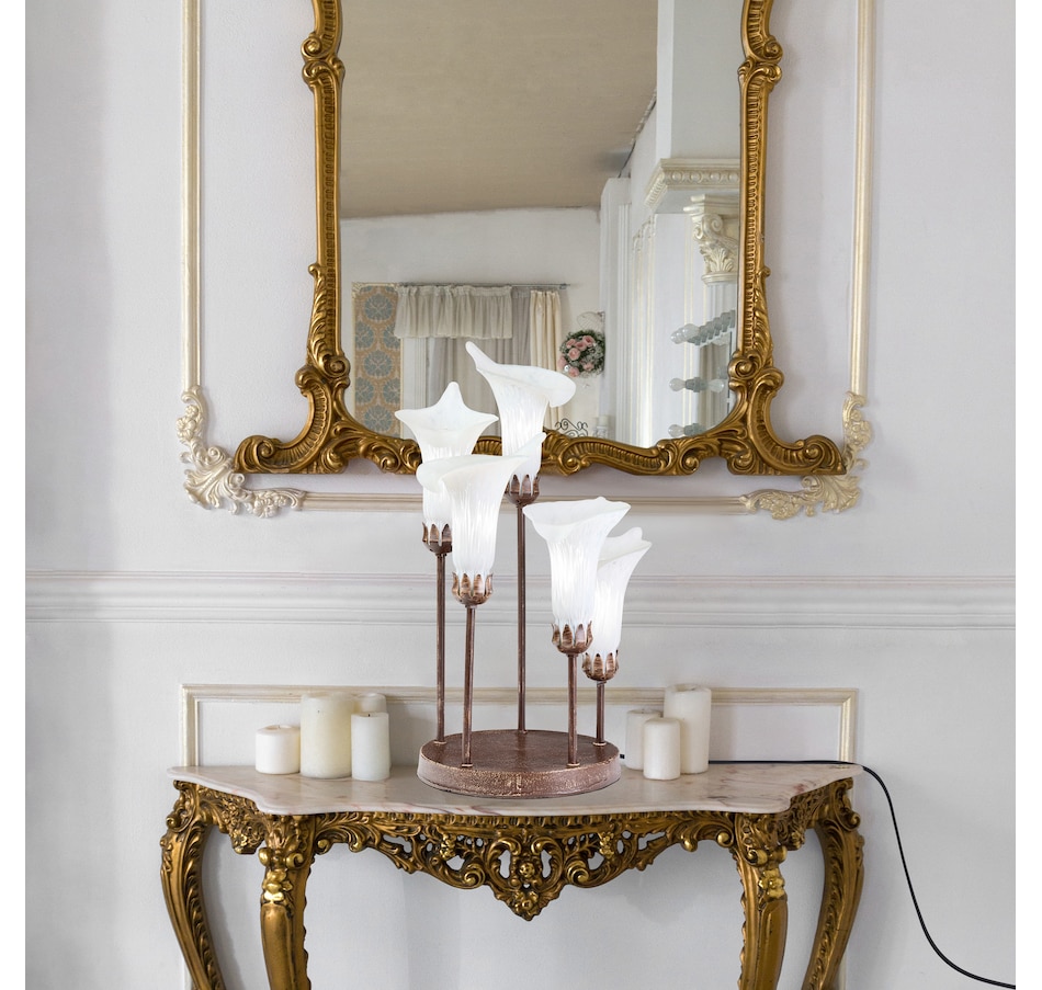 Image 106541_ALTMORE9.jpg, Product 106-541 / Price $199.99, Tiffany-Style Calla Lily Candlestick Table Lamp (19.5"H, bronze base with white glass bell shades) from Tiffany Style Lighting on TSC.ca's Home & Garden department