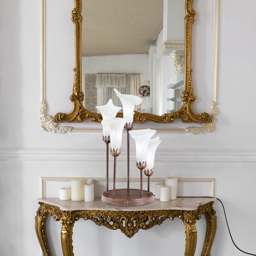 Image 106541_ALTMORE9.jpg, Product 106-541 / Price $199.99, Tiffany-Style Calla Lily Candlestick Table Lamp (19.5"H, bronze base with white glass bell shades) from Tiffany Style Lighting on TSC.ca's Home & Garden department