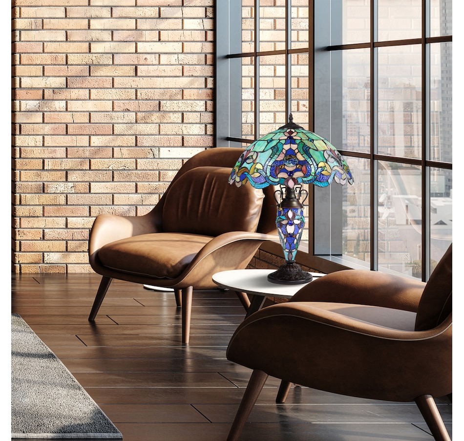Image 106543_ALTMORE7.jpg, Product 106-543 / Price $449.99, Tiffany-Style Double-Lit Amber Teal Style Stained Glass Table Lamp (24"H) from Tiffany Style Lighting on TSC.ca's Home & Garden department