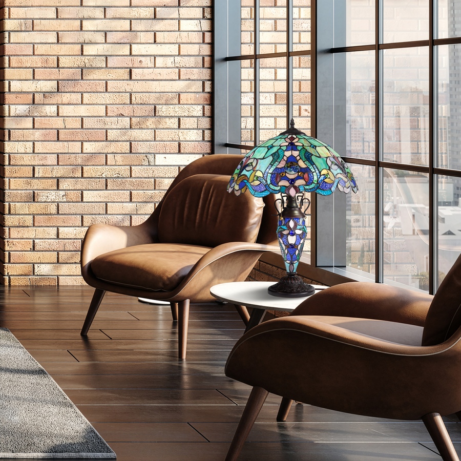 Image 106543_ALTMORE7.jpg, Product 106-543 / Price $449.99, Tiffany-Style Double-Lit Amber Teal Style Stained Glass Table Lamp (24"H) from Tiffany Style Lighting on TSC.ca's Home & Garden department