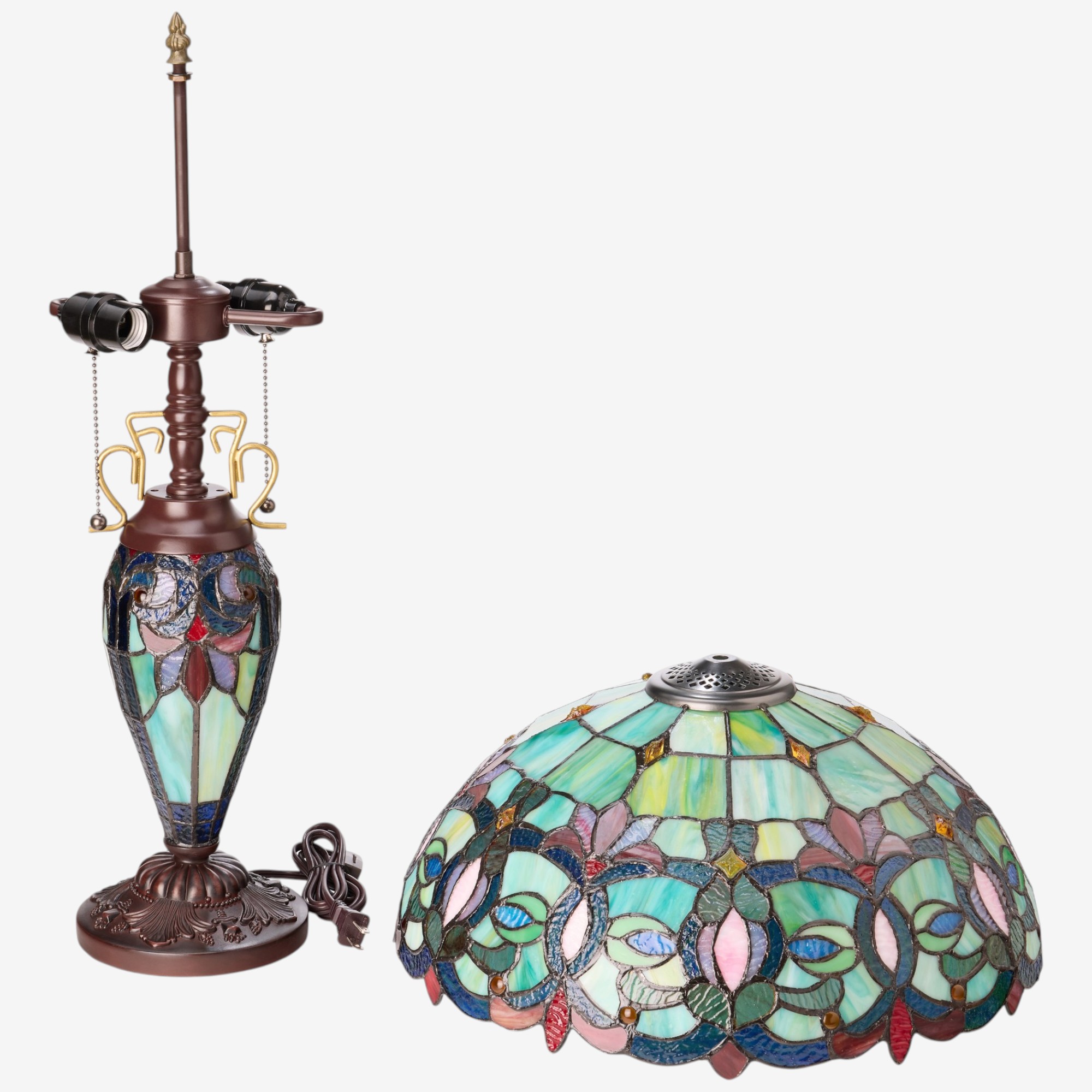 Tiffany-Style Victorian Green Dome Shade Double-Lit Stained-Glass