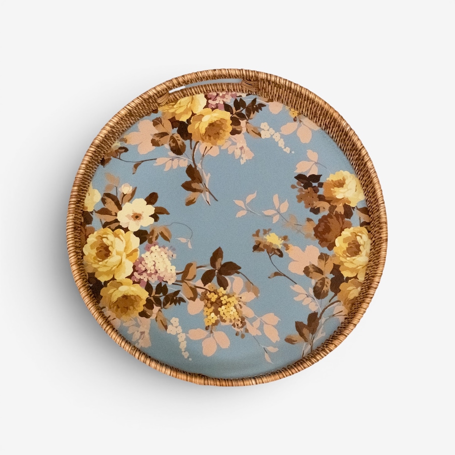 Image 106550.jpg, Product 106-550 / Price $250.00, Mackenzie-Childs Wild Rose Slate Enamel and Rattan Round Tray from MacKenzie Childs on TSC.ca's Kitchen department