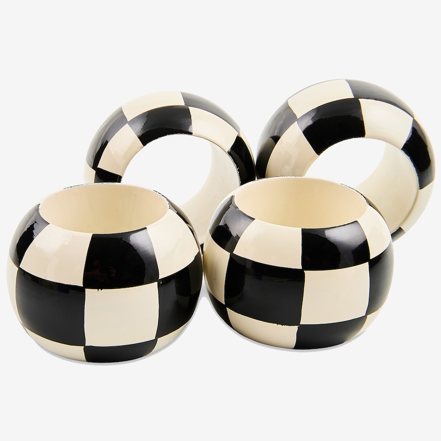Image 106575.jpg, Product 106-575 / Price $55.00, Mackenzie-Childs Black-and-White-Check Wood Napkin Rings (set of 4) from MacKenzie Childs on TSC.ca's Kitchen department