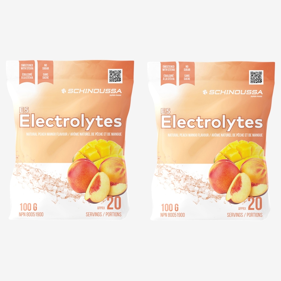 Image 114426.jpg, Product 114-426 / Price $69.99, 40-Day Auto-Delivery Schinoussa E5 Electrolytes Duo (Peach Mango) from Schinoussa on TSC.ca's Health & Fitness department