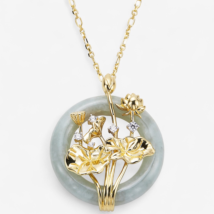 Image 114942.jpg, Product 114-942 / Price $299.99, Jade Of Yesteryear Sterling Silver 23K Yellow Gold Plate Round Jade Flower Pendant With Chain from Jade of Yesteryear on TSC.ca's Jewellery department