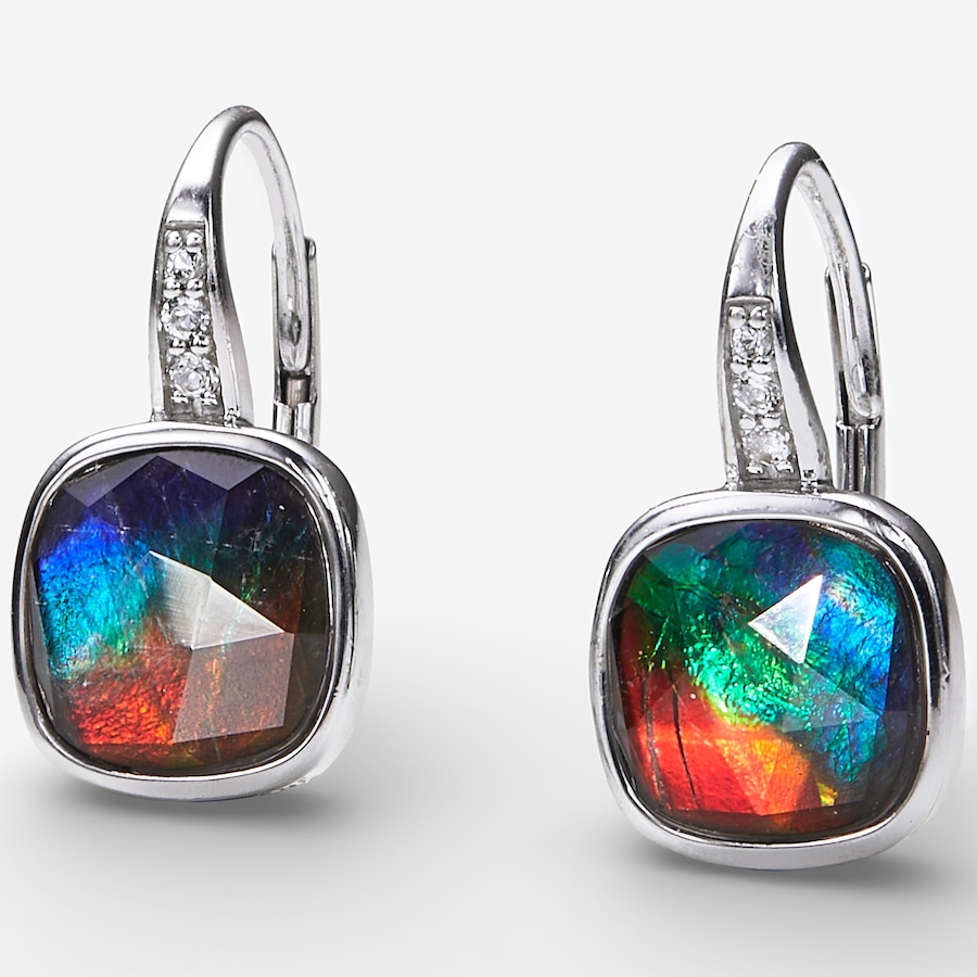 Image 115565_RHOP.jpg, Product 115-565 / Price $549.99, Canadian Ammolite Gems Sterling Silver 8mm Cushion-Shaped Ammolite and White Topaz Earrings from Canadian Ammolite Gems on TSC.ca's Jewellery department