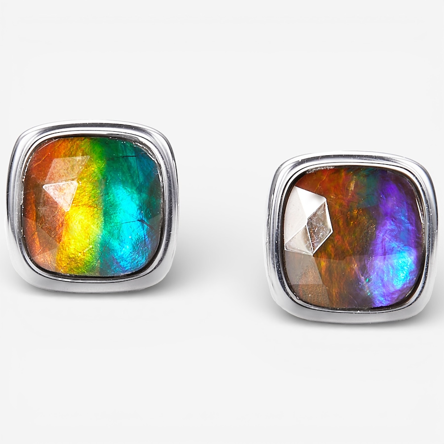 Image 115566_RHOP.jpg, Product 115-566 / Price $529.99, Canadian Ammolite Gems Sterling Silver 8mm Cushion Shape Ammolite Stud Earrings from Canadian Ammolite Gems on TSC.ca's Jewellery department