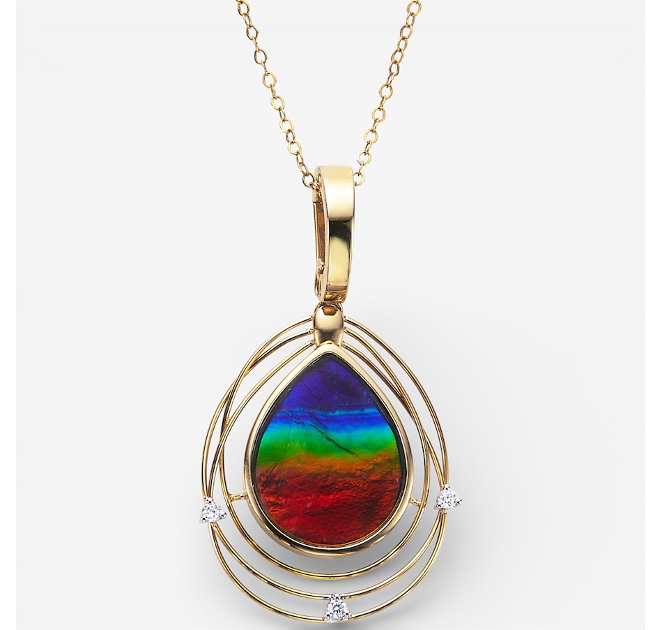 Image 115568.jpg, Product 115-568 / Price $2,999.99, Canadian Ammolite Gems 14K Yellow Gold 15mm x 12mm Teardrop Shape Ammolite and Diamond Enhancer Pendant with Chain from Canadian Ammolite Gems on TSC.ca's Jewellery department