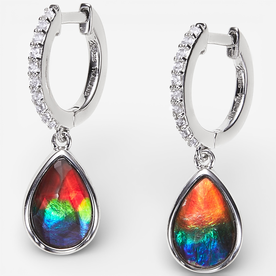 Image 115572_RHOP.jpg, Product 115-572 / Price $399.99, Canadian Ammolite Gems Sterling Silver 9 mm x 6 mm Teardrop Ammolite and White Topaz Hoop Earrings from Canadian Ammolite Gems on TSC.ca's Jewellery department