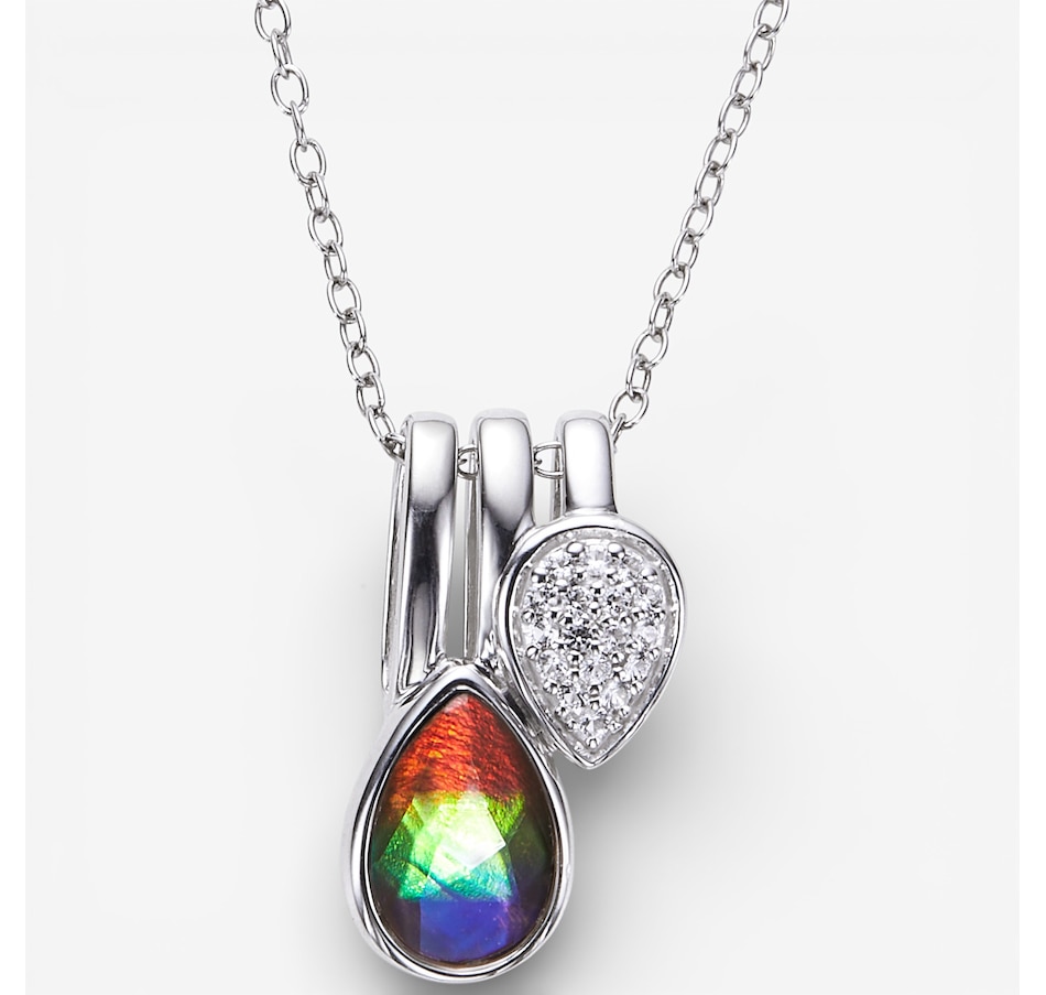 Image 115573_RHOP.jpg, Product 115-573 / Price $499.99, Canadian Ammolite Gems Sterling Silver 9 mm x 6 mm Teardrop Ammolite and White Topaz Pendant with Chain from Canadian Ammolite Gems on TSC.ca's Jewellery department