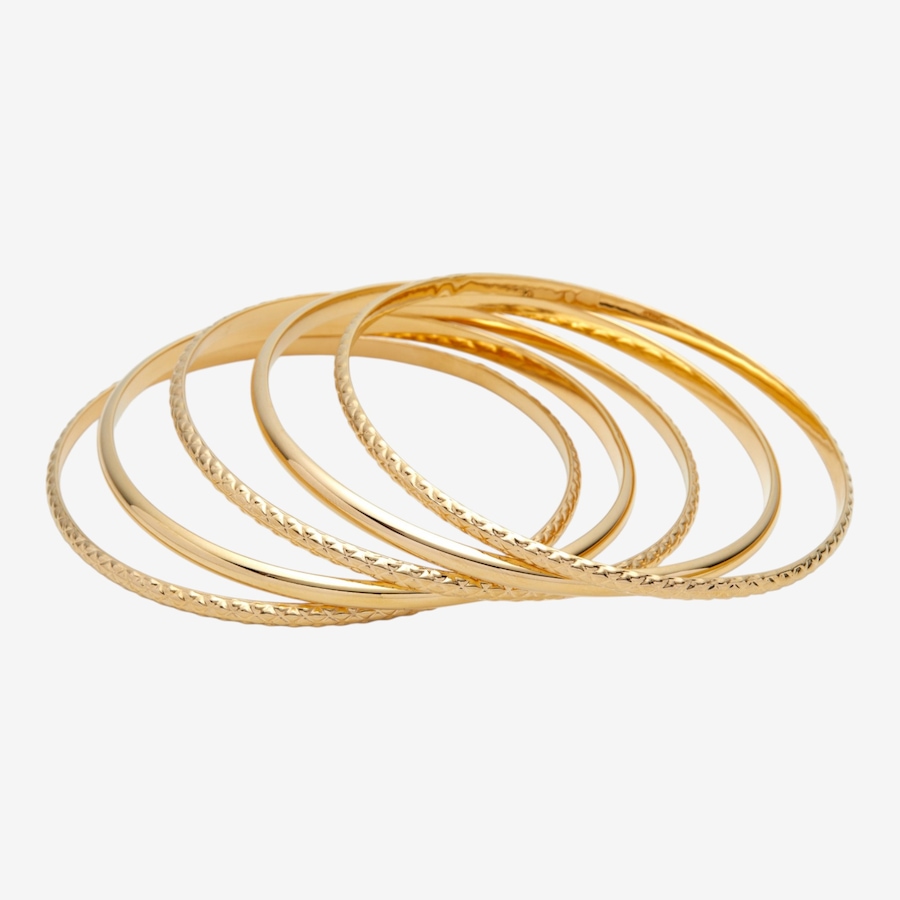 Image 116106.jpg, Product 116-106 / Price $249.99, Etrusca Gioielli 18K Yellow Gold Plate Set Of Five Slip-On Textured And Polished Bangles from Etrusca Jewellery on TSC.ca's Jewellery department