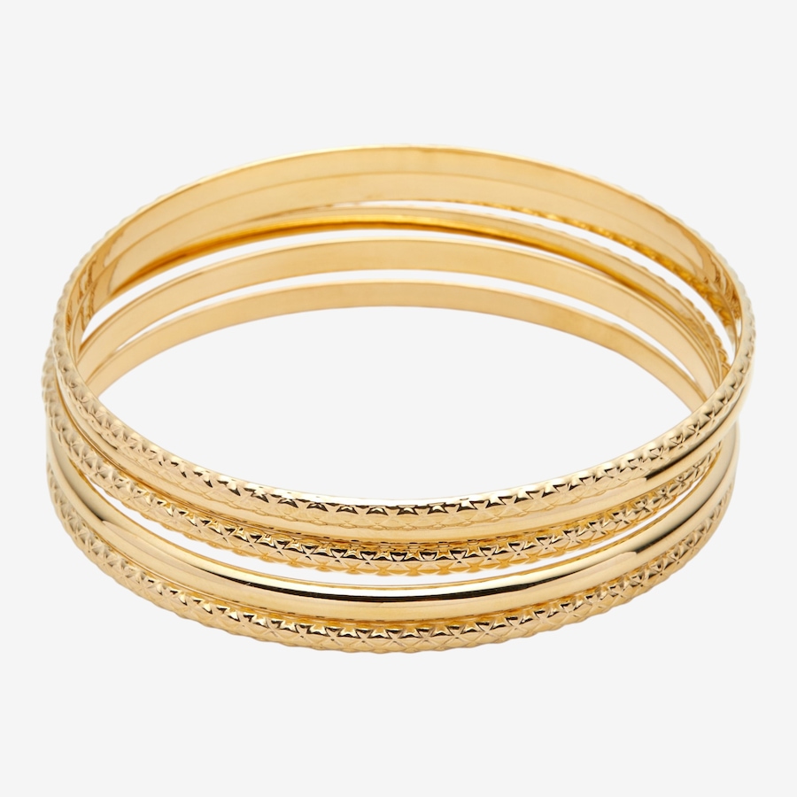 Image 116106_ALTMORE1.jpg, Product 116-106 / Price $249.99, Etrusca Gioielli 18K Yellow Gold Plate Set Of Five Slip-On Textured And Polished Bangles from Etrusca Jewellery on TSC.ca's Jewellery department