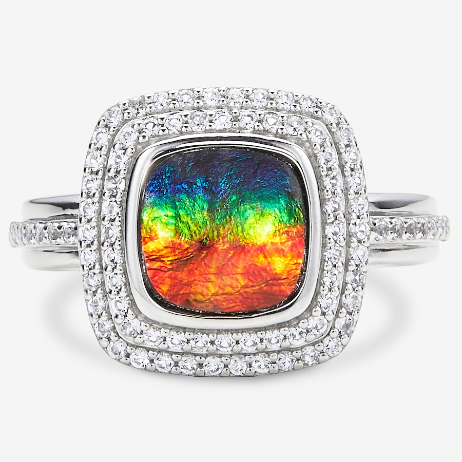 Image 116298_RHOP.jpg, Product 116-298 / Price $699.99, Canadian Ammolite Gems Sterling Silver Ammolite Cushion Double Halo Ring With White Topaz Accents from Canadian Ammolite Gems on TSC.ca's Jewellery department
