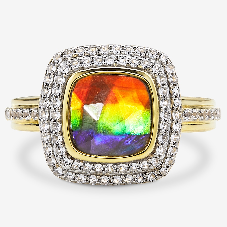 Image 116298_YGP.jpg, Product 116-298 / Price $699.99, Canadian Ammolite Gems Sterling Silver Ammolite Cushion Double Halo Ring With White Topaz Accents from Canadian Ammolite Gems on TSC.ca's Jewellery department