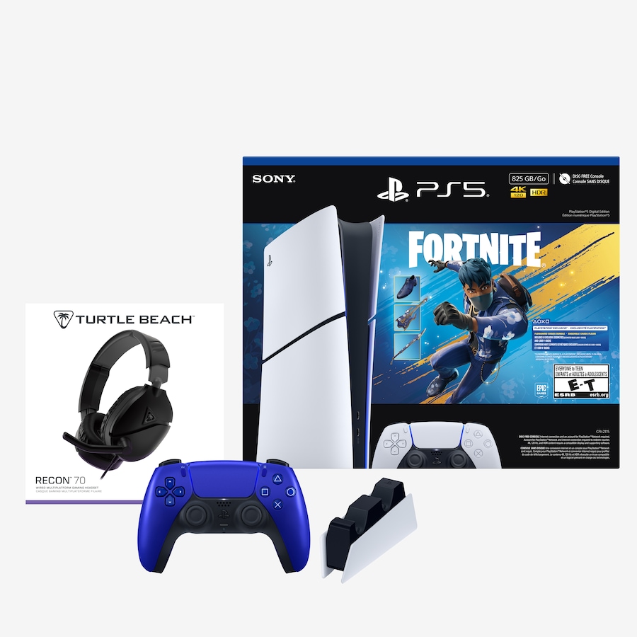 Image 117508.jpg, Product 117-508 / Price $779.99, PS5 Slim Digital Fortnite Bundle with Headset, Charging Station and Extra Controller from PlayStation on TSC.ca's Electronics department