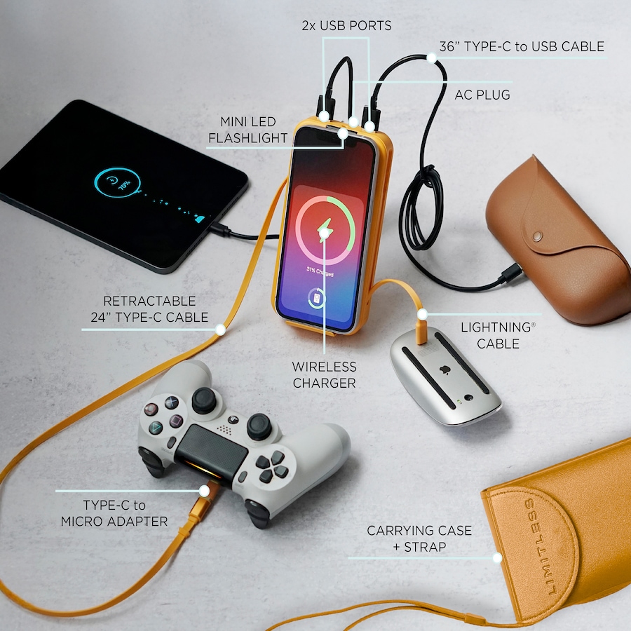 Image 118007_ALTMORE15.jpg, Product 118-007 / Price $69.99, Limitless Elite 15,000-mAh Power Bank with Wall Plug, Built-In Cables, Digital Display and Wireless Charging from Limitless on TSC.ca's Electronics department
