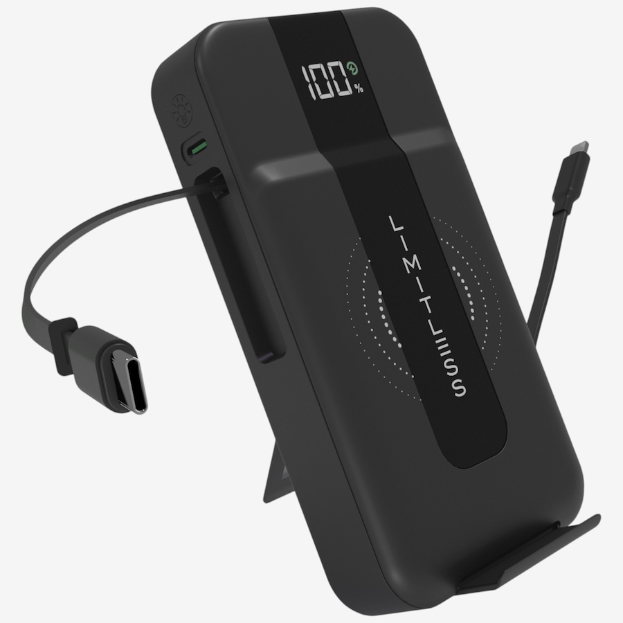 Image 118007_BLK.jpg, Product 118-007 / Price $69.99, Limitless Elite 15,000-mAh Power Bank with Wall Plug, Built-In Cables, Digital Display and Wireless Charging from Limitless on TSC.ca's Electronics department