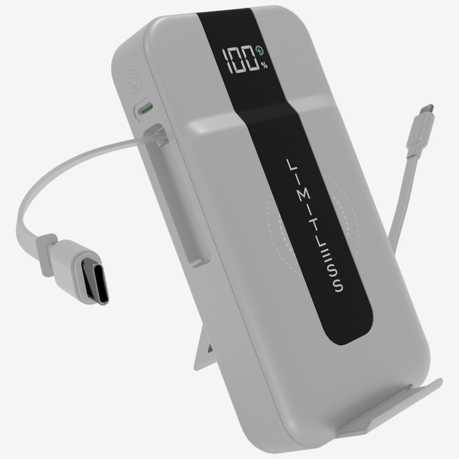 Image 118007_SIL.jpg, Product 118-007 / Price $69.99, Limitless Elite 15,000-mAh Power Bank with Wall Plug, Built-In Cables, Digital Display and Wireless Charging from Limitless on TSC.ca's Electronics department