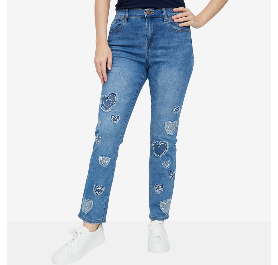 Image 118900_MDTNE.jpg, Product 118-900 / Price $104.88, Diane Gilman New Classic Stretch Heart Patch Straight Leg Jean from DG2 by Diane Gilman on TSC.ca's Fashion department