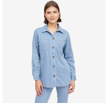 Nina Leonard Stretch Knit Denim Collared Shirt