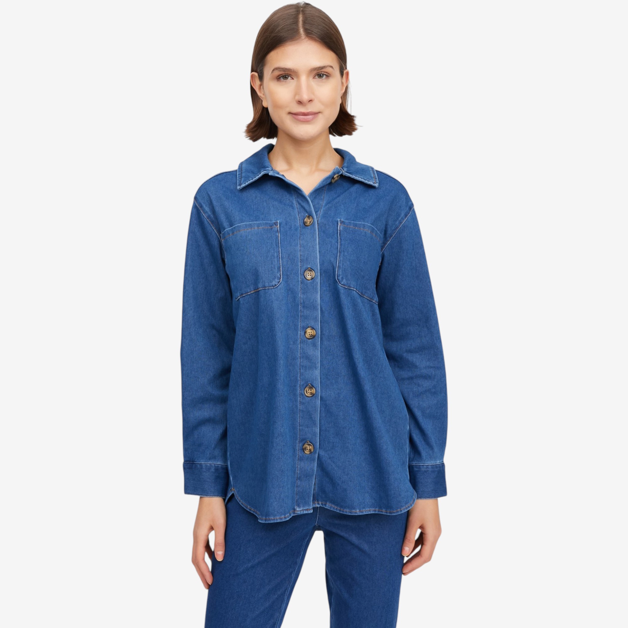 Nina Leonard Stretch Knit Denim Collared Shirt - TSC.ca