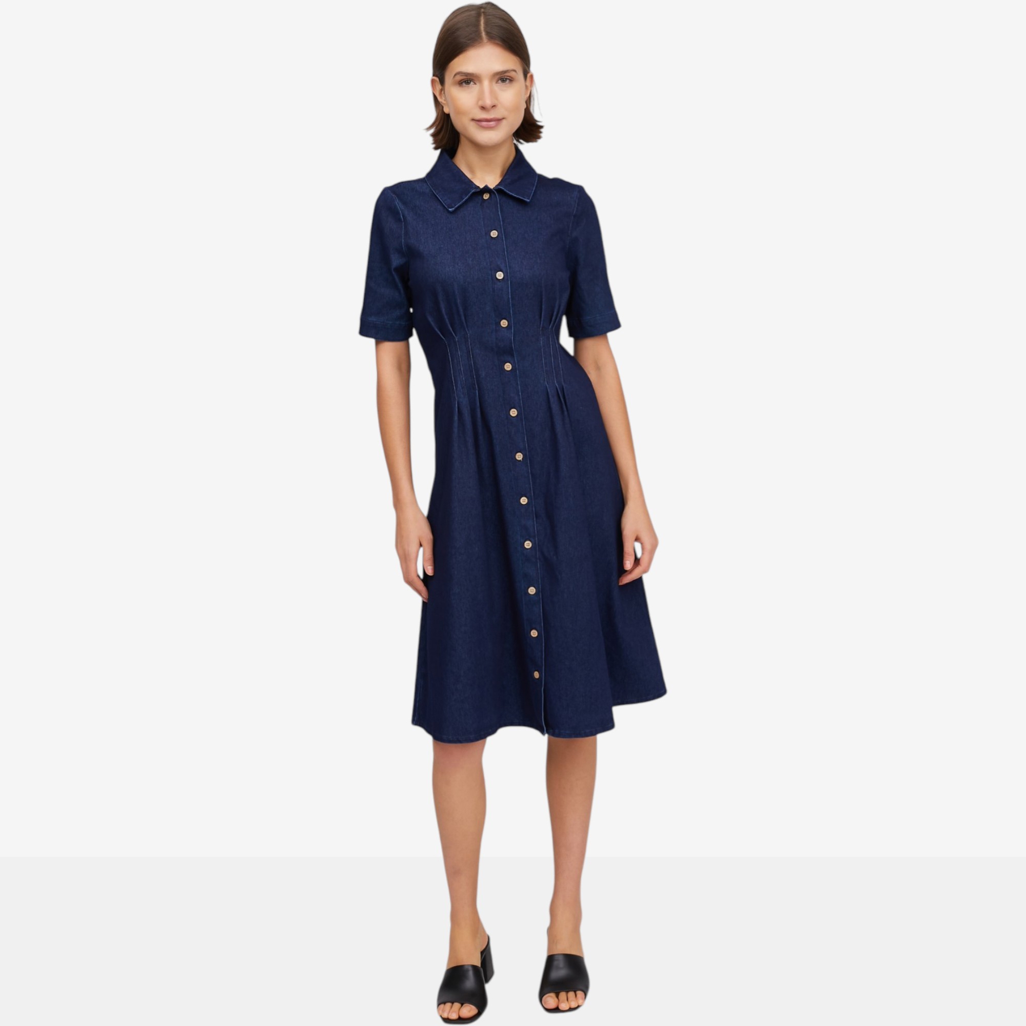 Nina Leonard Collared Button Front Knit Denim Shirtdress - TSC.ca