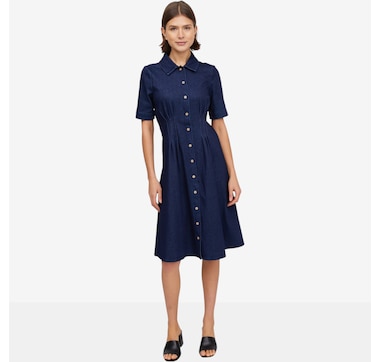 Nina Leonard Collared Button Front Knit Denim Shirtdress
