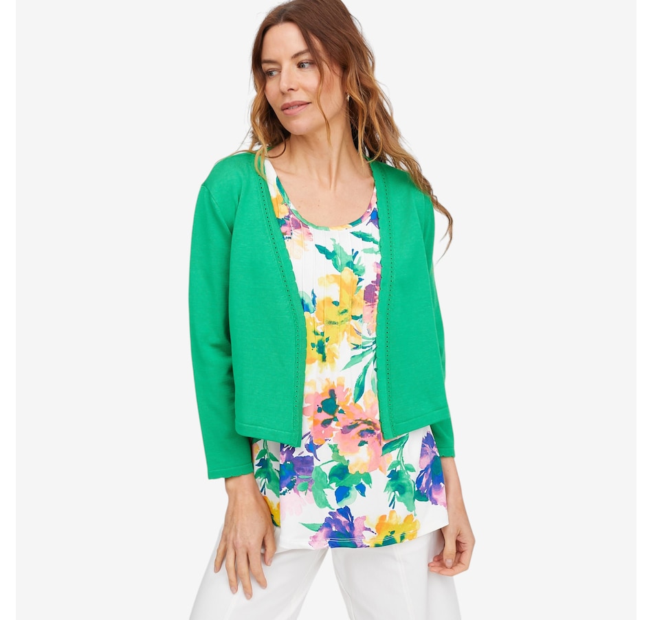 Image 118927_GRN.jpg, Product 118-927 / Price $49.88, Nina Leonard 3/4 Sleeve Knit Bolero with Scallop Detail from Nina Leonard on TSC.ca's Fashion department