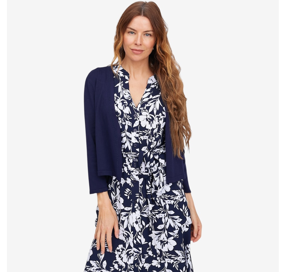 Image 118927_NVY.jpg, Product 118-927 / Price $49.88, Nina Leonard 3/4 Sleeve Knit Bolero with Scallop Detail from Nina Leonard on TSC.ca's Fashion department