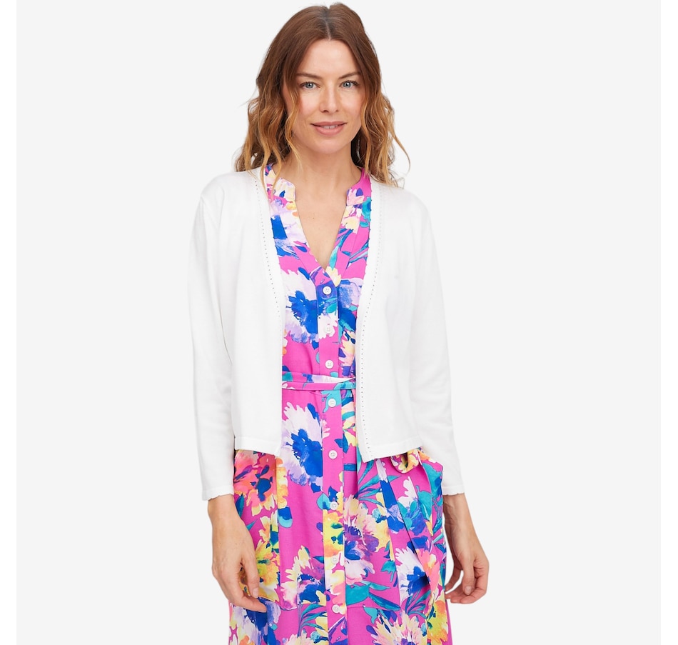 Image 118927_WHT.jpg, Product 118-927 / Price $49.88, Nina Leonard 3/4 Sleeve Knit Bolero with Scallop Detail from Nina Leonard on TSC.ca's Fashion department
