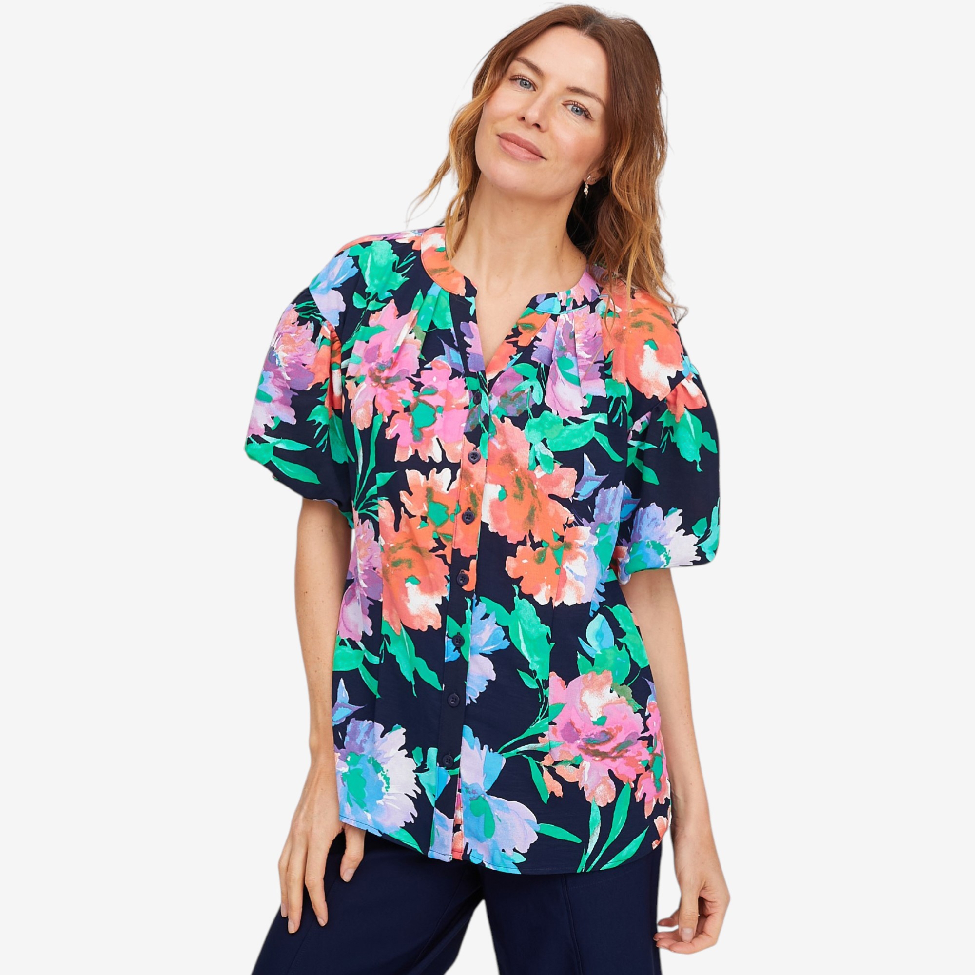 Nina Leonard Mandarin Collar Printed Top - TSC.ca