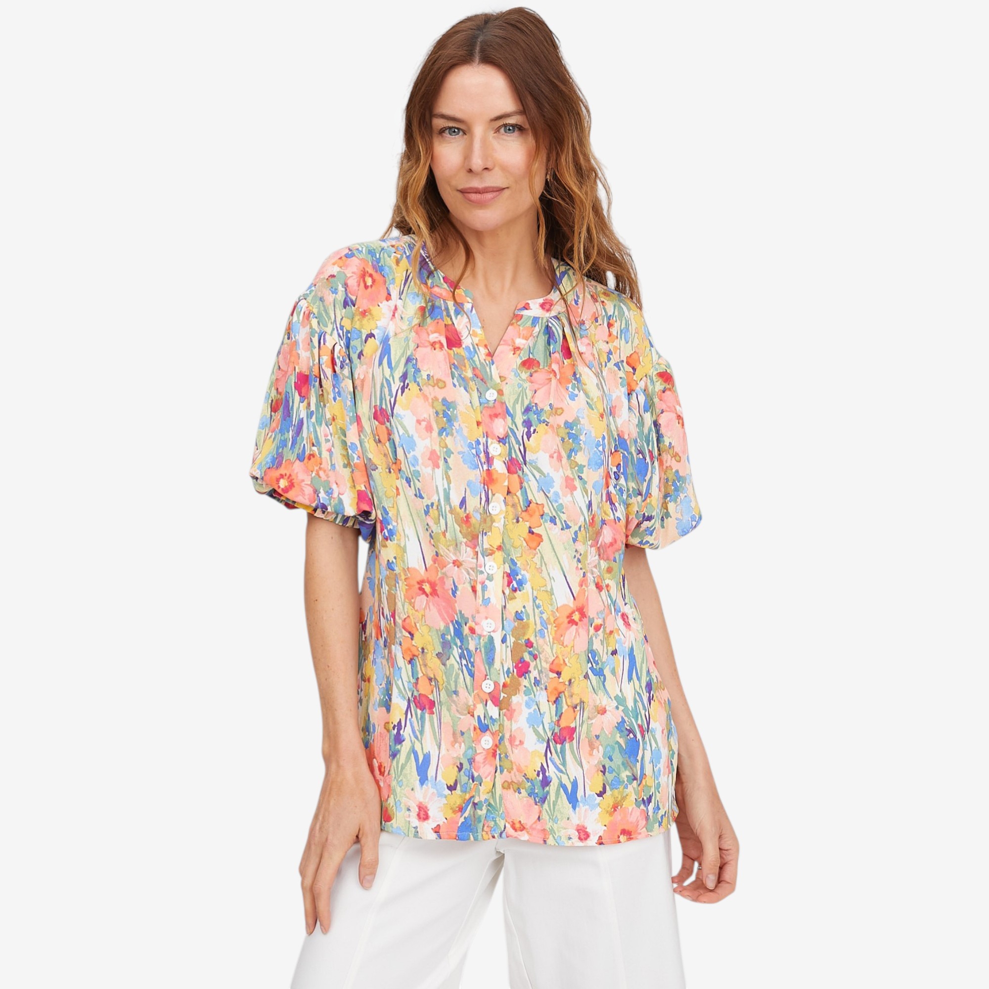 Nina Leonard Mandarin Collar Printed Top - TSC.ca