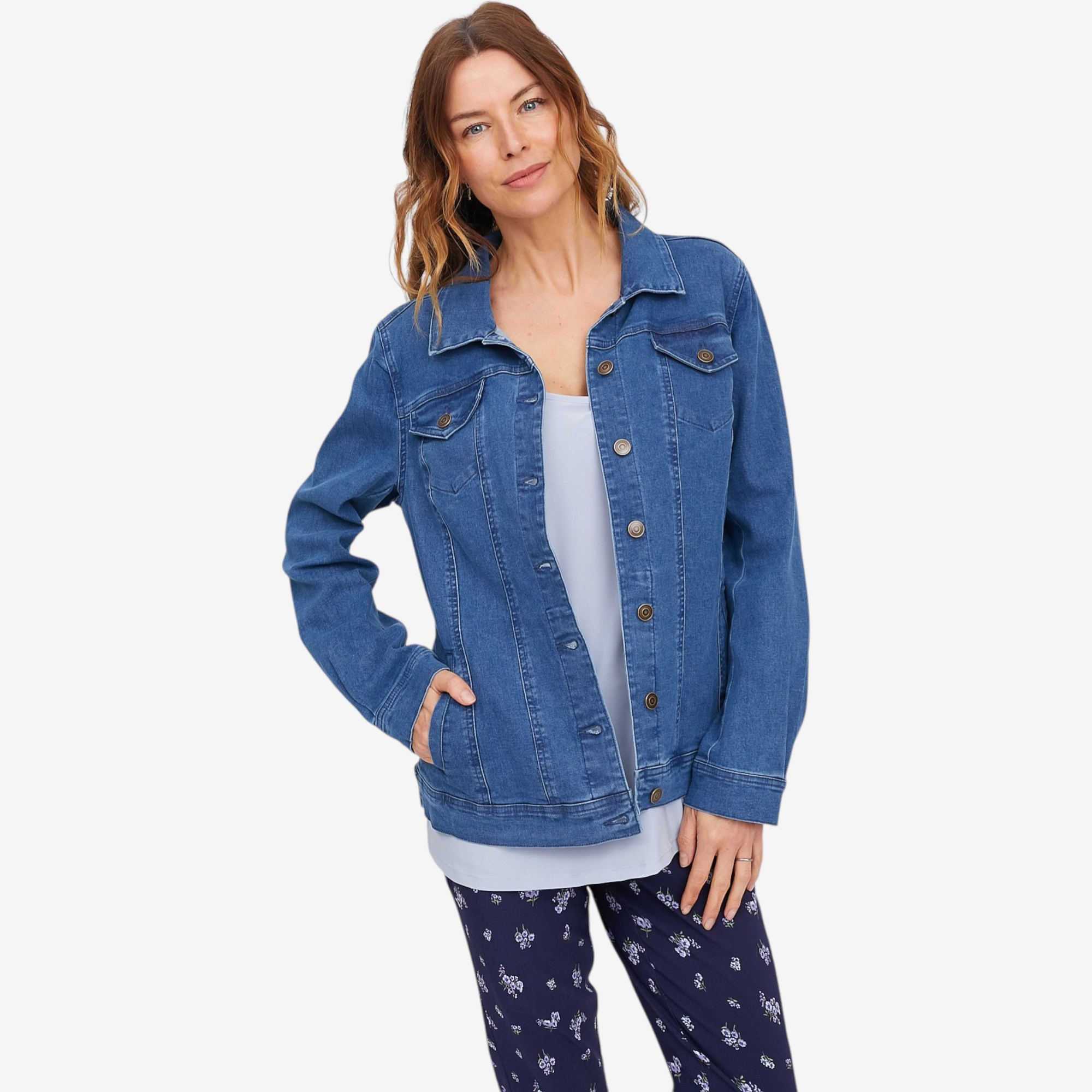 Nina Leonard Long Sleeve Button Up Denim Stretch Jacket - TSC.ca