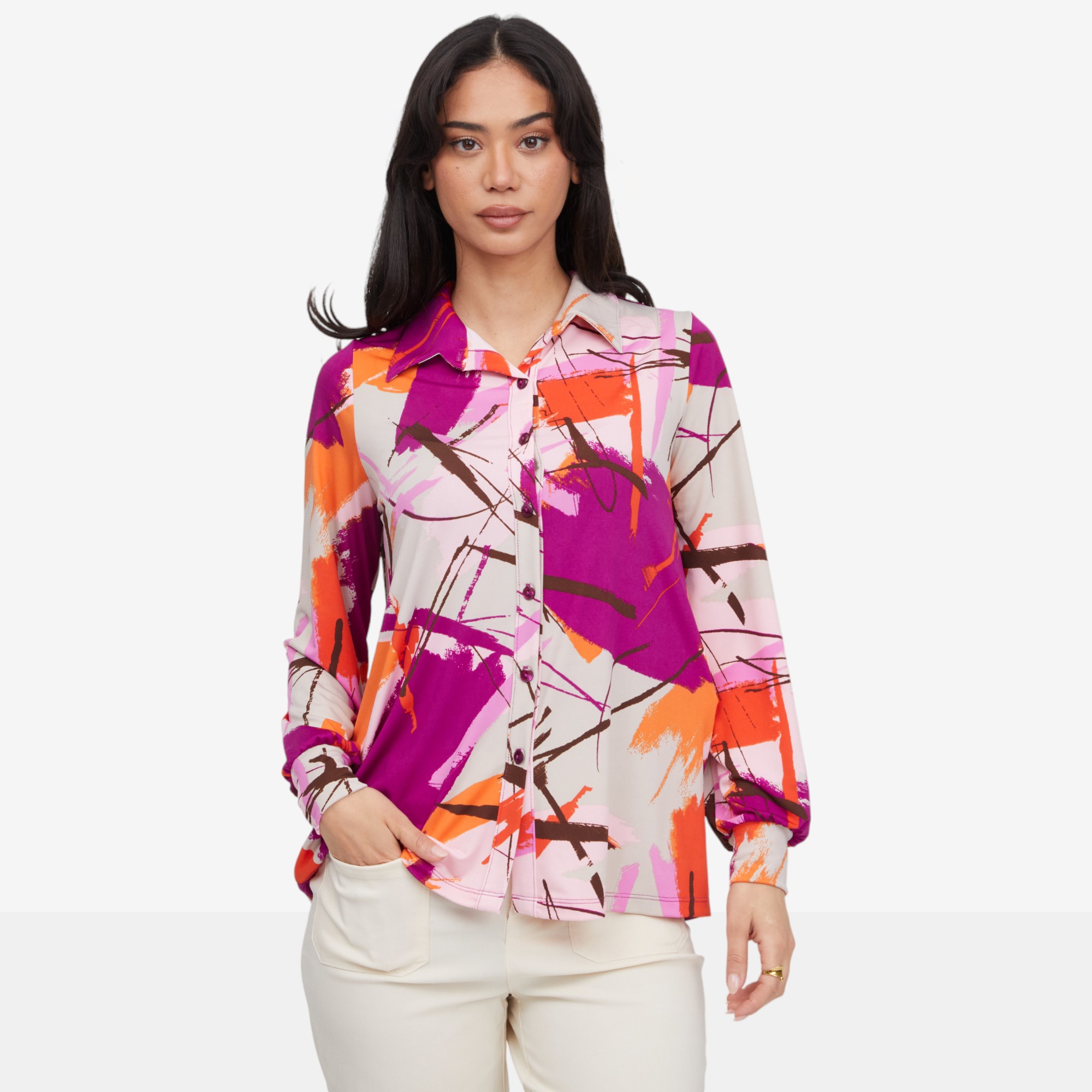 Kim & Co. Printed Brazil Knit Long Blouson Sleeve Shirt - TSC.ca