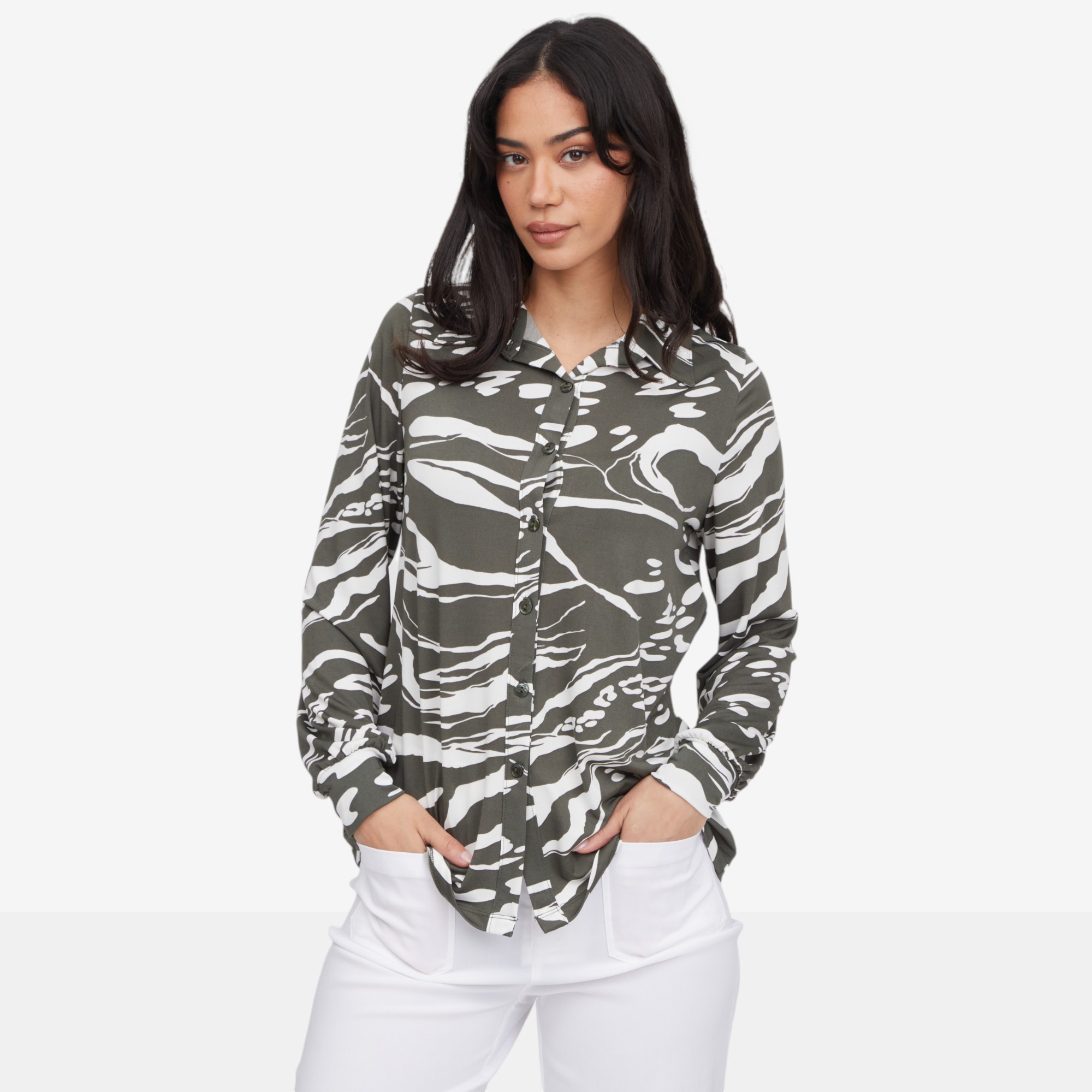 Kim & Co. Printed Brazil Knit Long Blouson Sleeve Shirt - TSC.ca