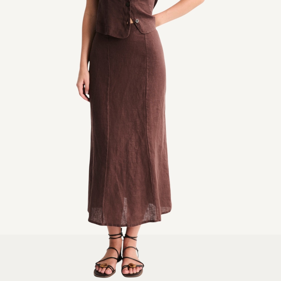 Image 119415_BRN.jpg, Product 119-415 / Price $99.88, Mus & Bombon Cyra Linen Midi Skirt with Flounced Hem from Mus & Bombon on TSC.ca's Fashion department