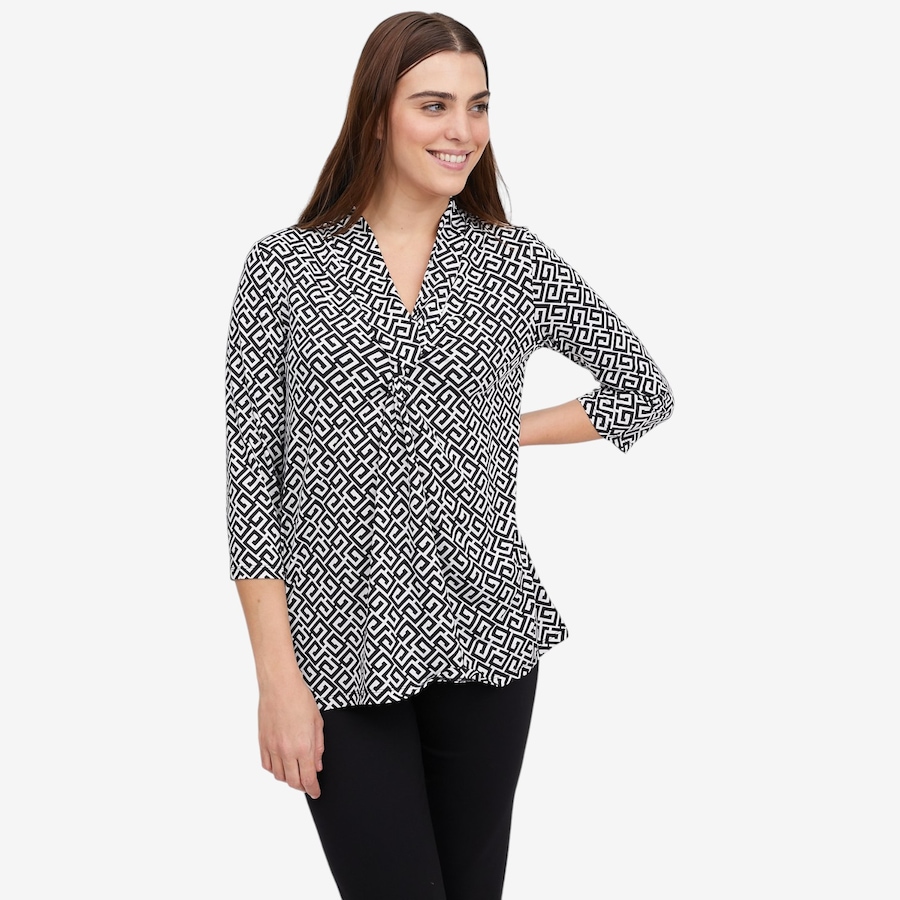 Image 119581_BLKE.jpg, Product 119-581 / Price $39.88, Kim & Co. Printed Brazil Knit 3/4 Sleeve Twist Front Tunic from Kim & Co. on TSC.ca's Fashion department
