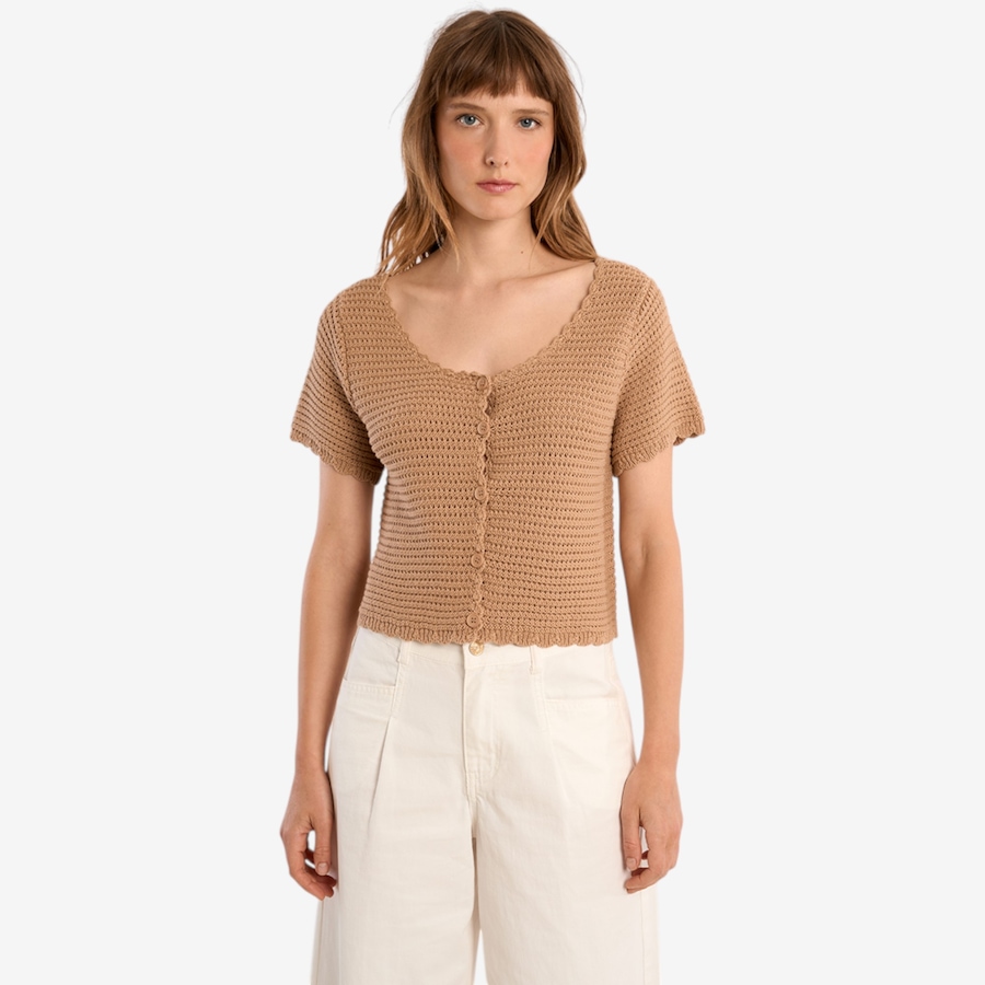Image 119639_BGE.jpg, Product 119-639 / Price $59.88, Molly Bracken Short Sleeve Button Front Crochet Top from Molly Bracken on TSC.ca's Fashion department