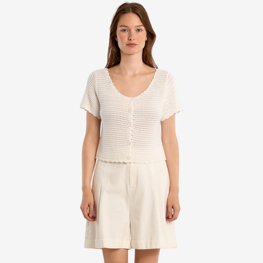 Image 119639_WHT.jpg, Product 119-639 / Price $59.88, Molly Bracken Short Sleeve Button Front Crochet Top from Molly Bracken on TSC.ca's Fashion department