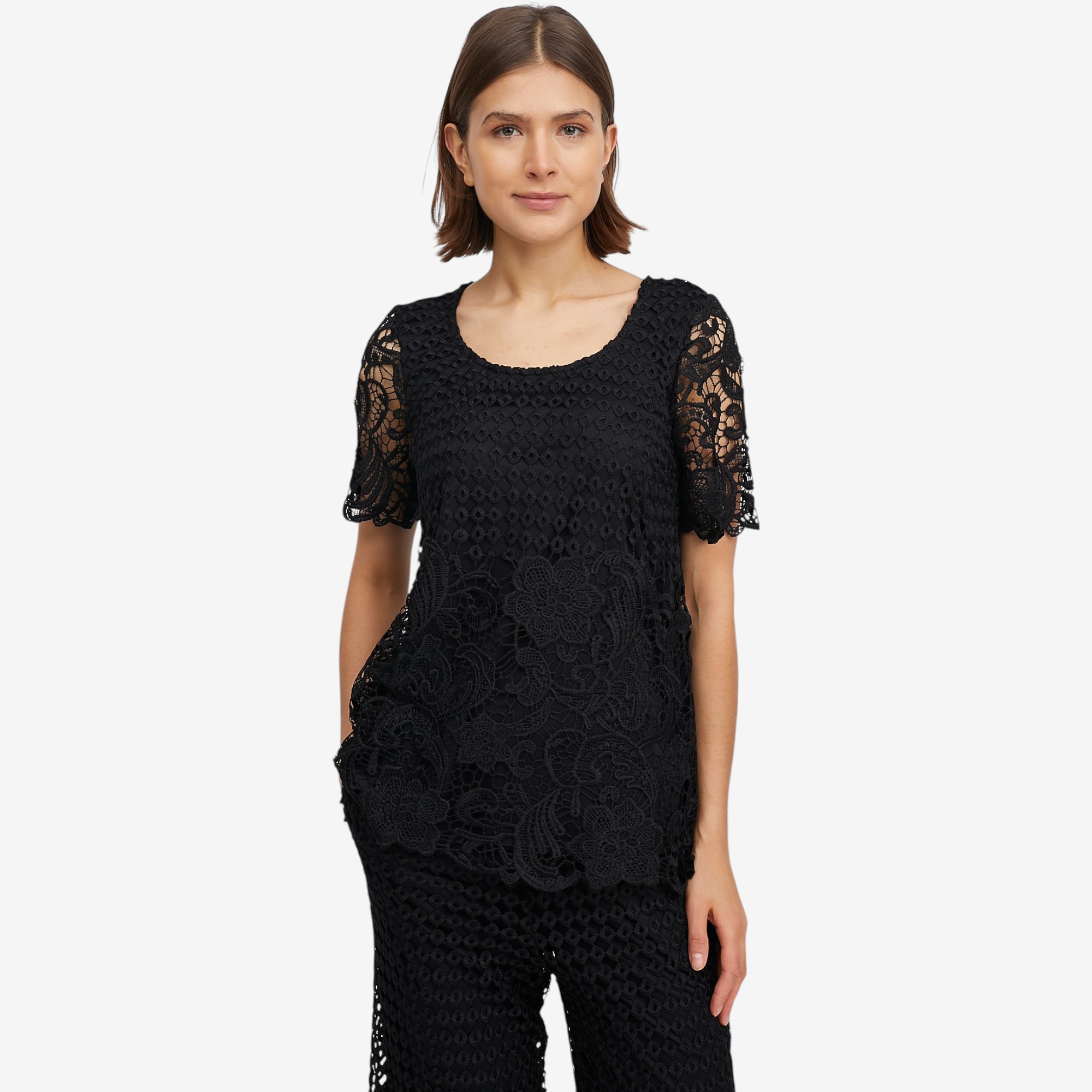Nina Leonard Border Lace Elbow Sleeve Top - TSC.ca