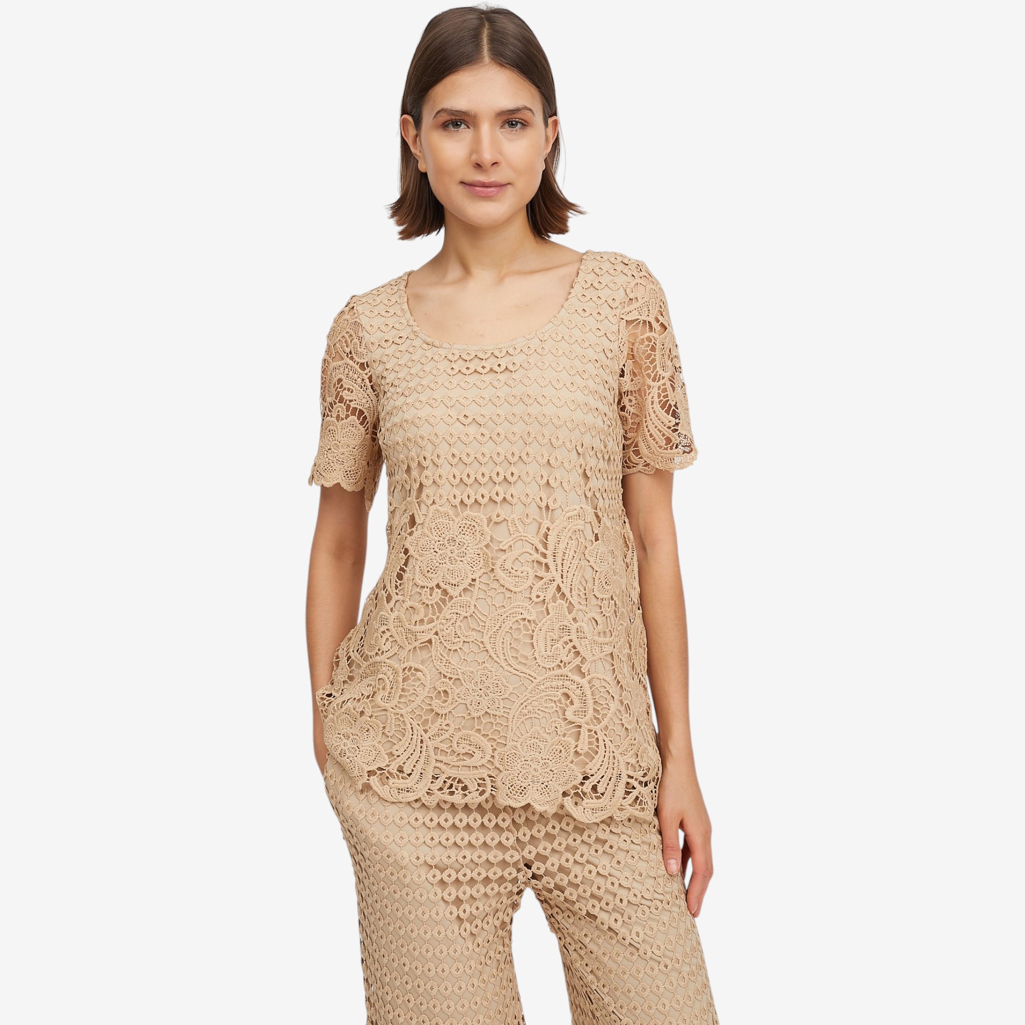 Nina Leonard Border Lace Elbow Sleeve Top - TSC.ca